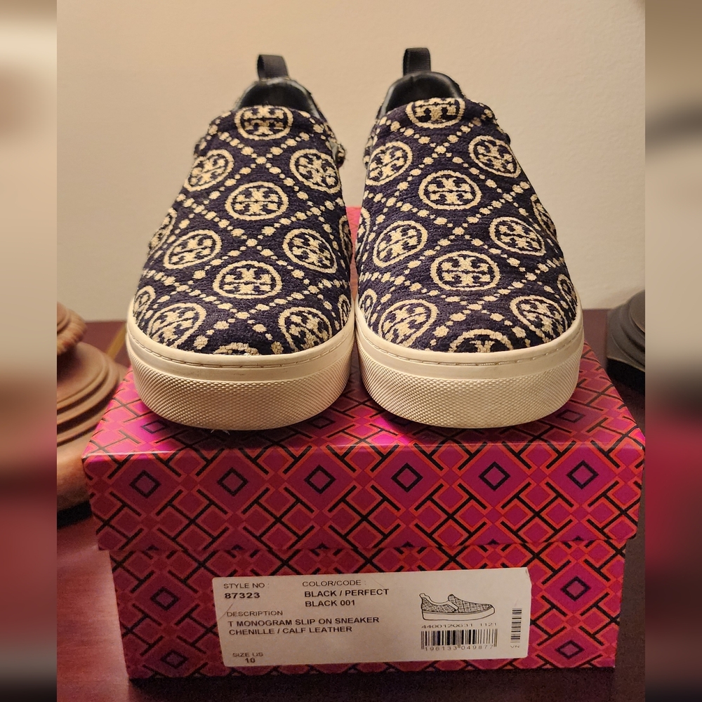 Tory Burch Black and Cream Monogrammed Slip-Ons